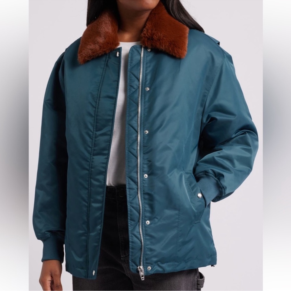 Anthropologie Blank‎ NYC Faux Fur Collar Bomber Jacket Teal Full Zip Small NWT